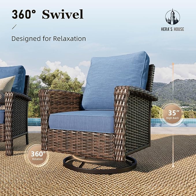 HERA'S HOUSE Outdoor Wicker Swivel Chairs with 5.5" Thick Cushions, 35" High Back Patio Chairs Set of 2, Deck Balcony Backyard Furniture, Navy Blue