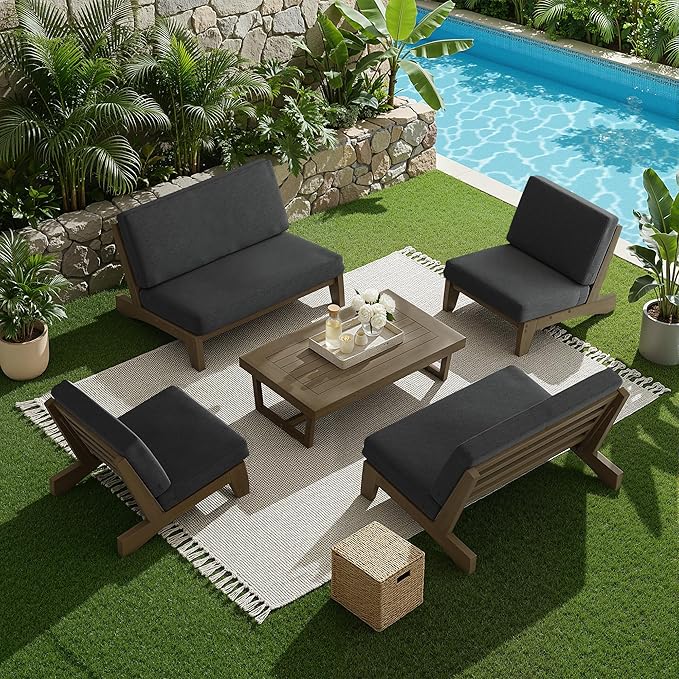 UIXE 5 Pieces Wood Patio Furniture Sets, 2 Patio Loveseat, 2 Patio Bistro Chair, All Weather Outdoor Sectional Sofa Furniture Backyard Conversation Set with Coffee Table - Dark Gray