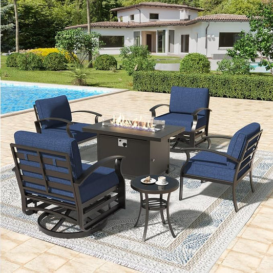 Aluminum Patio Furniture Set with Propane Fire Pit Table,4 Seats Metal Modern Outdoor Furniture w/5.1" Cushions,Patio Sectional w/Swivel Chairs for Patio,Backyard,NavyBlue