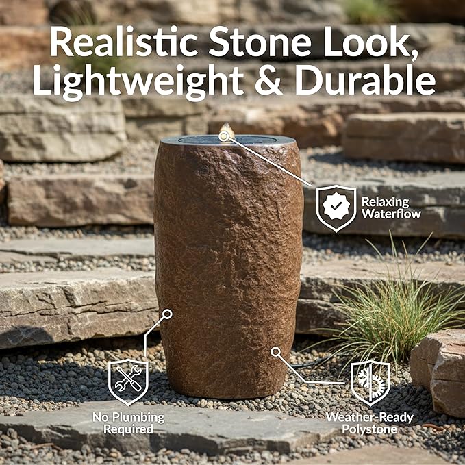 Sunnydaze Outdoor Water Fountain with LED Light - Polystone Cylinder Bowl Bubbler Water Feature with Pump - 29.5" H - for Patio, Garden, Deck, Relaxation and Stress Relief - Brown