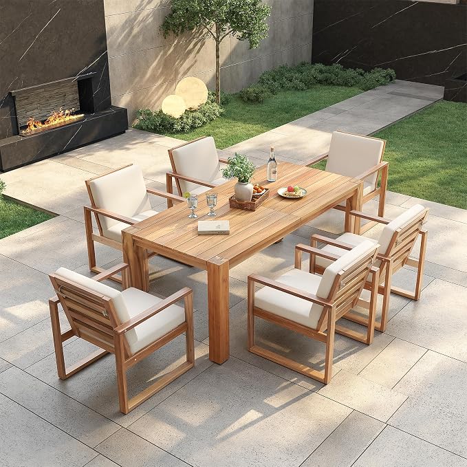 Patio Table and Chairs Set with Umbrella Hole, 7 Piece Outdoor Patio Furniture Set Wood Frame with Removable Cushion for Garden, Backyard, Lawn, and Poolside,Light Teak
