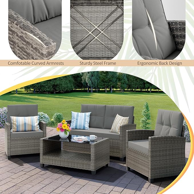 Shintenchi 4 Piece Patio Furniture Set, Outdoor Rattan Conversation Set with Coffee Table, Outside Wicker Sectional Sofa Couch with Cushion, Gray