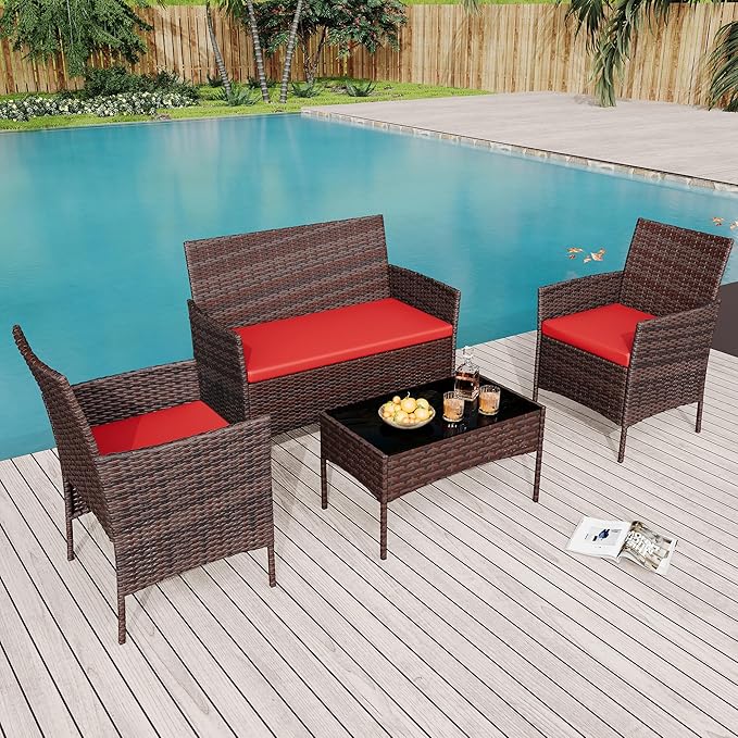 4 Piece Outdoor Patio Furniture Sets,Wicker Rattan Conversation Sets, Bistro Patio Set with 2 Chairs,Soft Cushion,Loveseat and 1 Glass Coffee Table for Backyard Porch Garden Poolside Balcony,Brown/Red