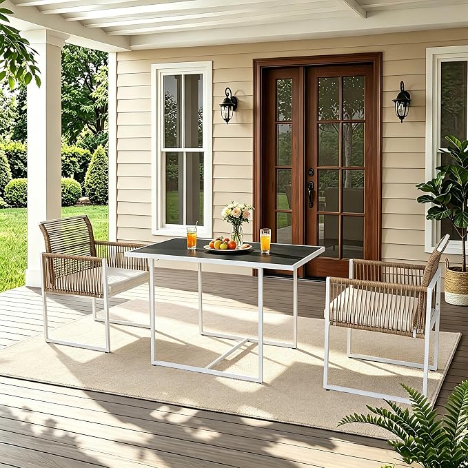 3PC Wicker Patio Dining Bistro Set for 2, All Weather Outdoor Use | Foldable Backrest, Cozy Cushions & Glass Tabletop, Space-Saving, Small Patio Set for Backyard, Balcony, Poolside, Natural