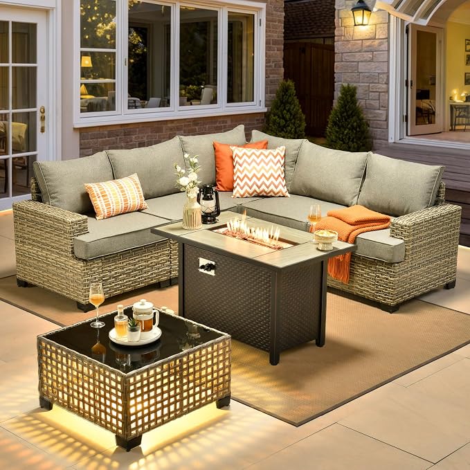 HOOOWOOO Sectional Patio Furniture Set with Fire Pit Table,7 Pieces Wicker Outdoor Furniture L Shaped Couch,Outside Conversation Set with Extra Deep Seat Sofa Wide Arm Solar Light Table,Charcoal Gray