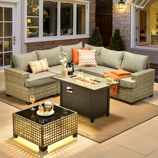 HOOOWOOO Sectional Patio Furniture Set with Fire Pit Table,7 Pieces Wicker Outdoor Furniture L Shaped Couch,Outside Conversation Set with Extra Deep Seat Sofa Wide Arm Solar Light Table,Charcoal Gray
