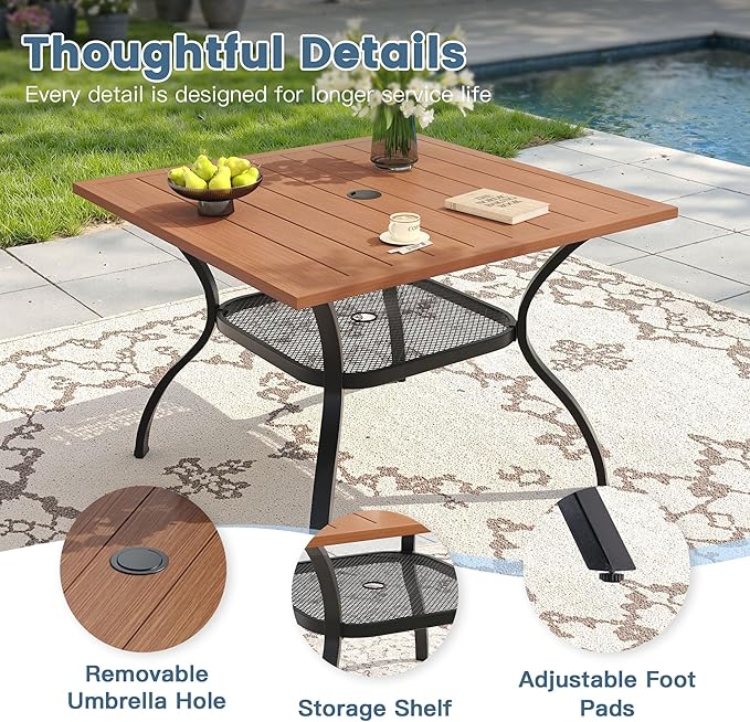 DIFY 5 Piece Outdoor Patio Dining Set for 4, 37.8" Walnut Square Metal Dining Table and Swivel Patio Chairs with Brown Padded Textilene, All-Weather Outdoor Furniture Set for Garden Backyard Porch