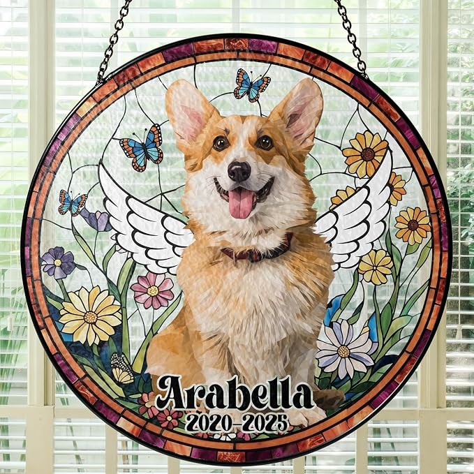 Custom Photo Memorial Dog Suncatcher Custom Cat, Pet Stained Glass Keepsake – Loss of Pet Sympathy Gift – Stained Glass Dog Memorial Window Hanging Sun Catcher– Pet Remembrance Gift