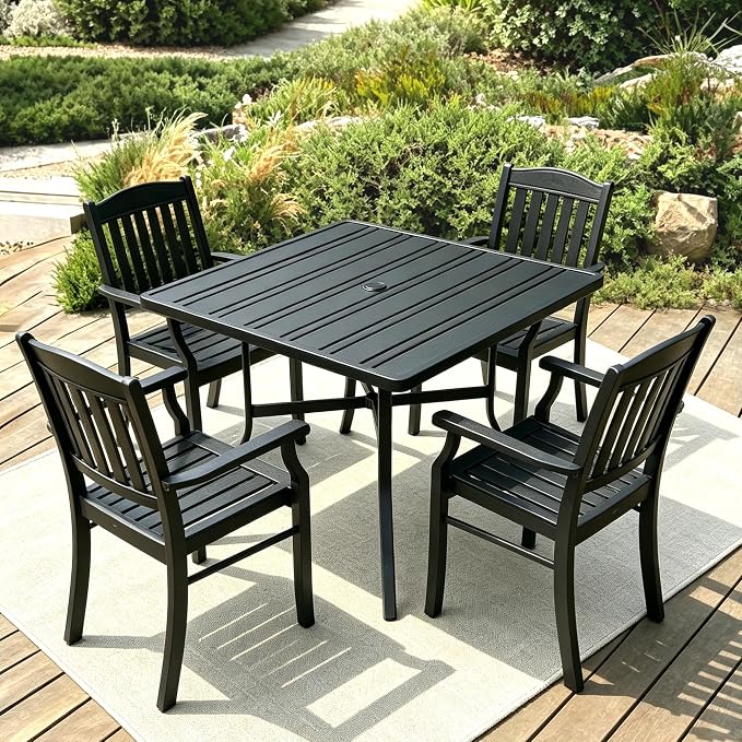 34" Square Patio Table with Umbrella Hole, Metal Outdoor Dining Table for Garden, Backyard and Deck, 4 Person Square Patio Dining Table for Outside, Black