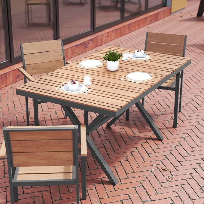 Flash Furniture Finch Commercial Grade X-Frame Outdoor Dining Table 59" x 35.5" with Faux Teak Poly Slats and Metal Frame, Natural/Gray