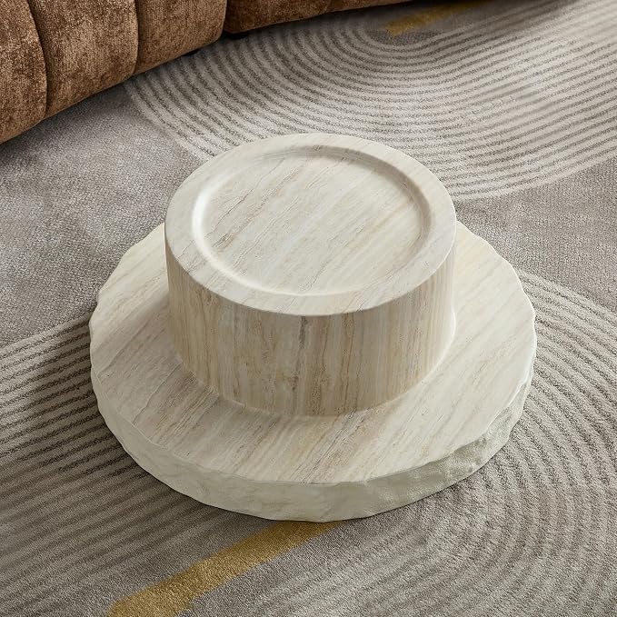 31.69" Travertine Coffee Table Round Faux Stone Coffee Table for Living Room, Modern Faux Marble Pattern Top with Wooden Pedestal Unique Center Tables, Magnesium Oxide, No Assembly,Beige