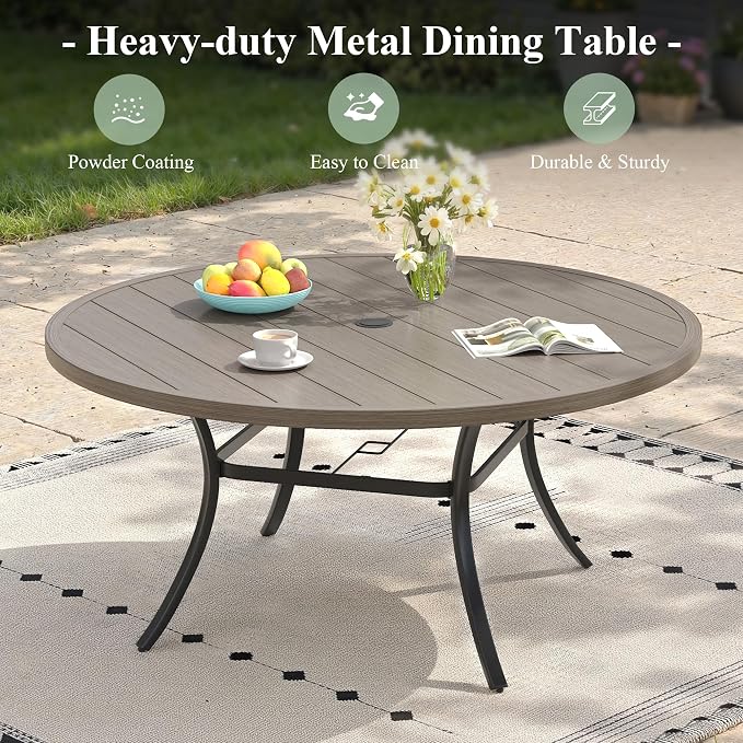 Outdoor Dining Set for 6, 50" Metal Round Outdoor Dining Table with Umbrella Hole and Sling Patio Swivel Chairs, 7 Pieces Patio Table and Chairs Set for Garden Backyard, Grey