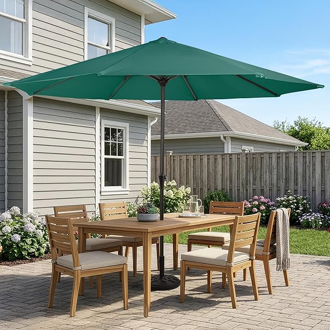 Pure Garden 9FT Round Patio Umbrella with 19lb Weighted Base - Easy Crank, Vented Canopy Outdoor Umbrella for Shade - For Deck, Balcony, Porch, Backyard, or Pool (Dark Green)