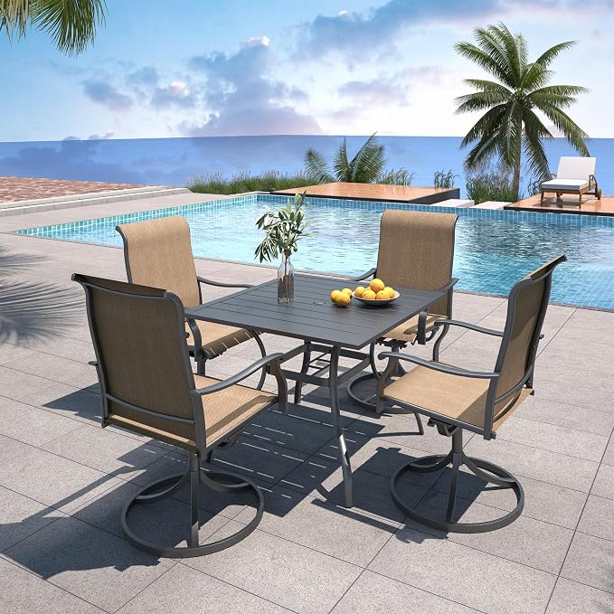 5 Piece Outdoor Dining Set, Patio 35" Square Table and Brown Swivel Chairs | High Back, Retro Armrest, Textilene Fabric, All Weather, Rocking, Swivel Chairs, 35'' Square Table, Metal Top and Frame