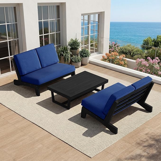 UIXE 2 Pieces All Weather Wood Patio Furniture Sets, Patio Loveseat Outdoor Sofa with Solid Wooden Coffee Table, Black Teak - Navy Blue