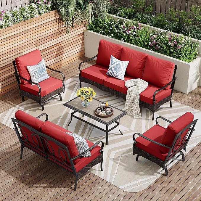 PHI VILLA Outdoor Modern Patio Furniture Set, Upgraded Wicker & Metal Patio Conversation Set with Waterproof Thick Cushions for Porch, Poolside, Yard(5 Pieces,Red)