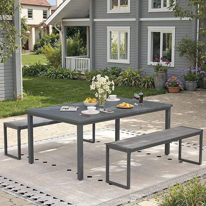 3 Pieces Outdoor Dining Set, 63" Patio Dining Table with 2 Outdoor Backless Benches Metal Frame & Faux Wood Seat for Garden Lawn Backyard, Grey