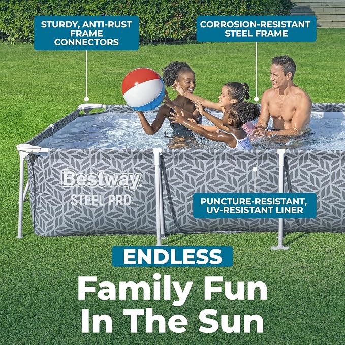 Bestway Steel Pro 12' x 6' 7" x 26" Rectangle Above Ground Outdoor Swimming Pool Set with DuraPlus Liner and FrameLink System, Gray