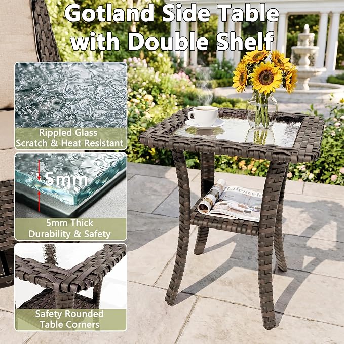 Gotland 7-Pcs Patio Conversation Set, Outdoor Thick Wicker Sectional Sofas with 2 Swivel Rocker Chairs, High Back Sectional Couch, Outdoor Furniture Set for Backyard, Deck, Porch, Khaki