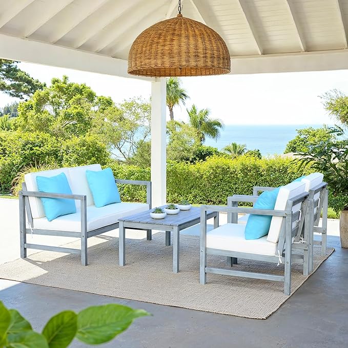 SAFAVIEH Outdoor Collection Montez Grey Wash/ White Cushions/ Light Blue 4-Piece Conversation Patio Set