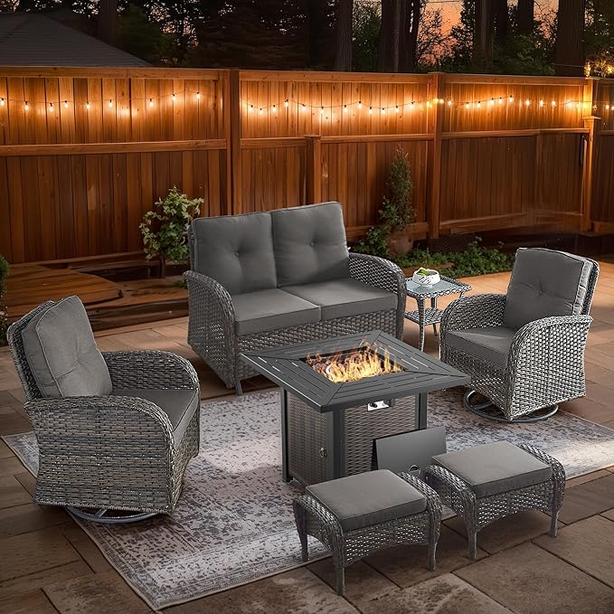 7 Piece Patio Furniture Set with Fire Pit Table - Wicker Patio Conversation Set with Swivel Glider, Glider Loveseat, Side Table and 2 Ottomans for Deck Backyard - Brown Wicker Grey Cushion
