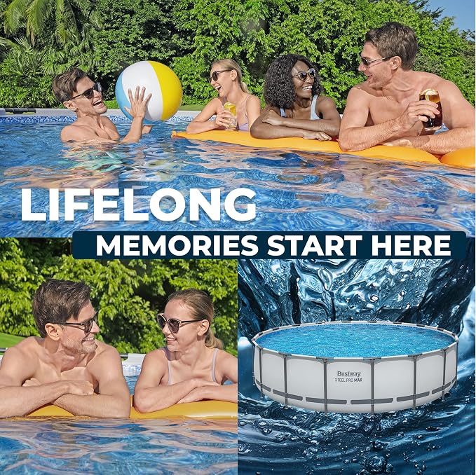 Bestway Steel Pro MAX 18' x 48" Above Ground Pool, Round Metal Frame Outdoor Swimming Pool Set with Filter Pump, Ladder, and Cover, Gray