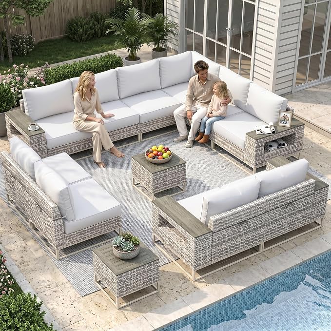 12-Piece Outdoor Patio Furniture Set, Gray PE Wicker Outdoor Sectional Sofa with Storage Armrests & 5.5" Thick Cushions, L-Shaped Couch for Deck, Porch, Backyard, Ivory White