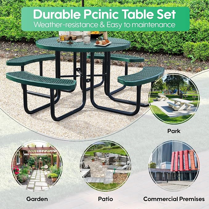 46" Round Picnic Tables for Outdoors,Commercial Metal Picnic Table Bench Set W/ Umbrella Hole,Restaurant School Canteen Tables W/Seats - Heavy Duty Sturdy Picnic Tables for Patio Garden Coffee Shop