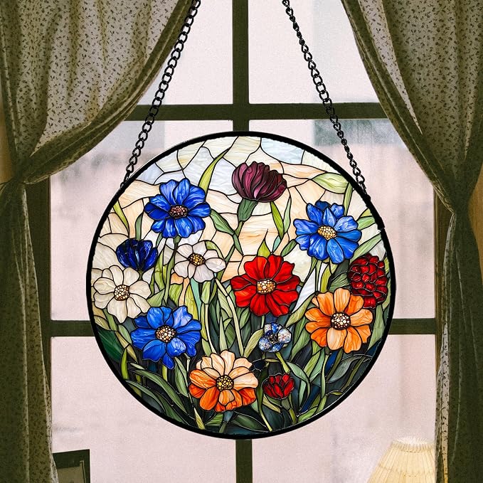 Stained Glass Suncatcher, Colorful Flowers Green Leaf Sun Catcher Landscape Stain Glass Window Hanging Decoration Mother's Day Birthday Gifts for Women Men Mom Nana 7.8 in