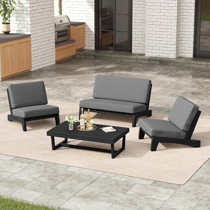 4 Pieces Patio Furniture Sets, All-Weather Outdoor Wood Bistro Set Patio Conversation Coffee Table Chiars and Patio Loveseat for Balcony, Backyard