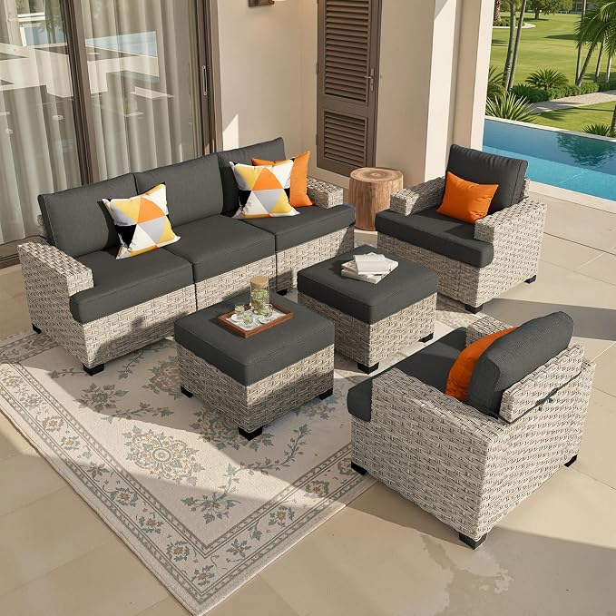Weaxty 7 Pieces Outdoor Furniture Set, Patio Sectional Sofa Wide Seats Couch Chair with Ottoman, Thick Cushion All-Weather Rattan Patio Conversation Sets for Backyard Porch Balcony, Black