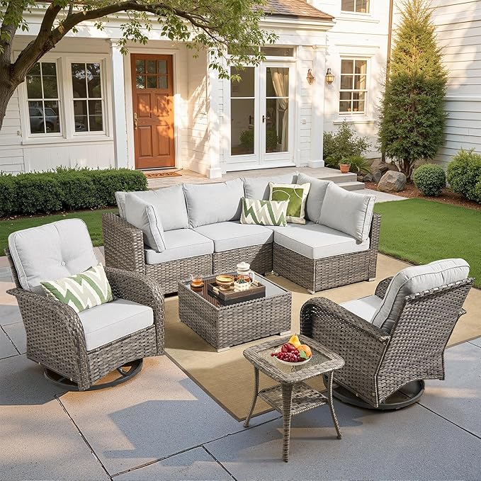 Wicker Patio Furniture Set, 8 Pieces Outdoor Sectional Sets with 6 Seats, Rattan Conversation Set with Swivel Chairs for Garden and Backyard, l Shape Couch Set
