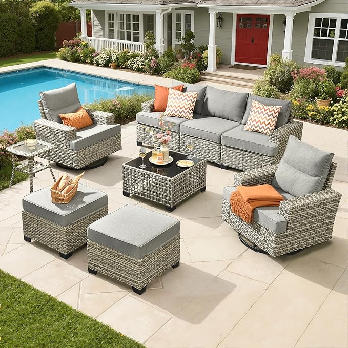 Rattan Patio Furniture Set with Swivel Chairs,9 Pieces Outdoor Sectional with Ottoman Glowing Coffee Table,Out Door Furniture Conversation Set,Dark Grey