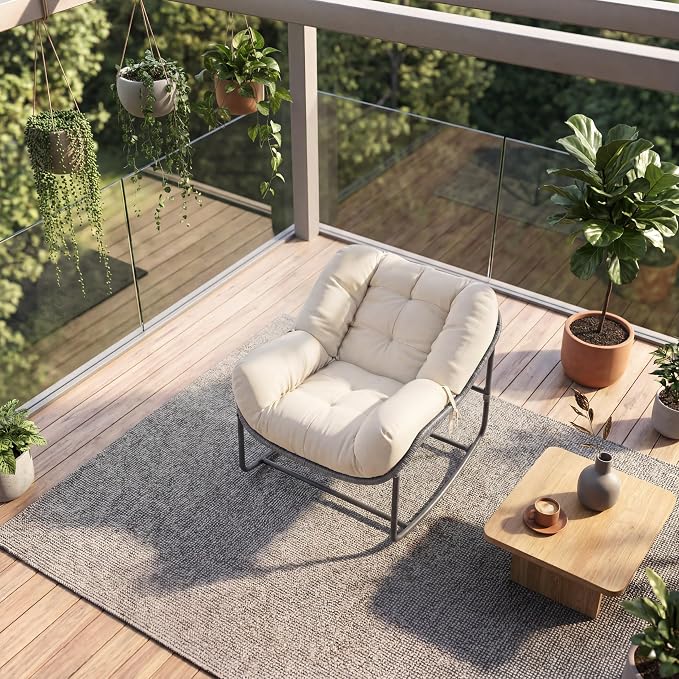 GarveeLife Outdoor Lounge Rocking Chair, Iron Frame Patio Rocker Chair with Cushion, Beige Relaxing Chair for Patio, Garden, Balcony