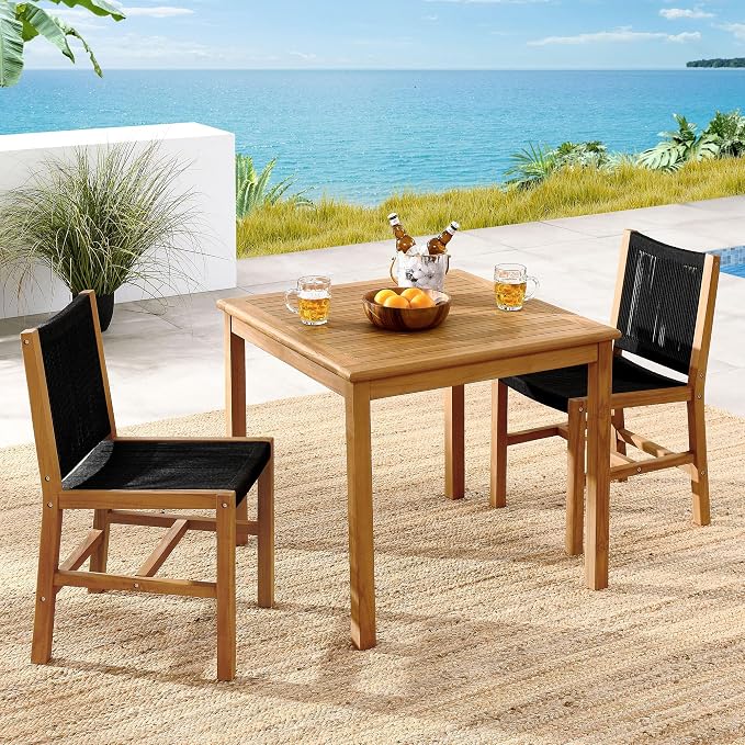 Modway Vienna Outdoor Patio Teak Wood 3-Piece Dining Set in Natural Black – Weather-Resistant Square Dining Table with Woven Rope Armless Chairs – Bistro Set for 2 – Chair Patio Set with Table