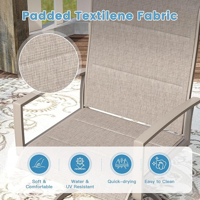 DIFY 3 Piece Outdoor Dining Set for 2, Patio Furniture Set with Padded Textilene Swivel Patio Chairs and 27.6" Small Square Metal Dining Table, Sandshell Fabric & Grey Wood-Like Tabletop