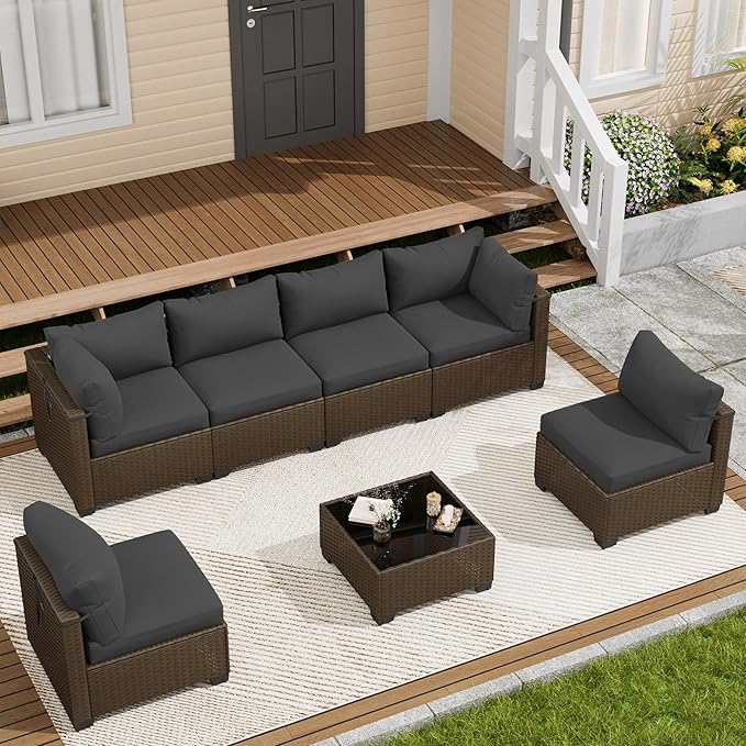 7 Piece Outdoor Patio Furniture Set, Rattan Chairs Glass Table Wicker Conversation Seating Sectional Sofa with Cushions (Brown-Dark Grey, 7Pcs-Straight Back)