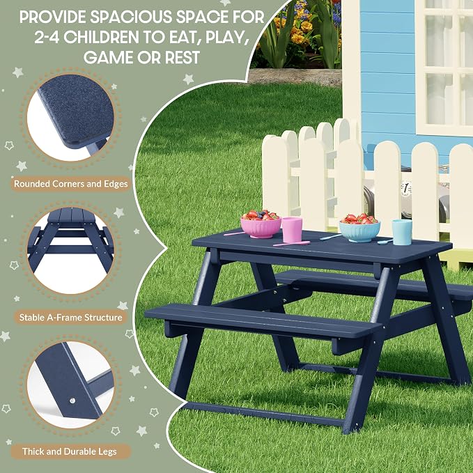 WestinTrends Malibu Outdoor Patio and Indoor Kids HDPE Plastic Picnic Bench Table, Navy Blue