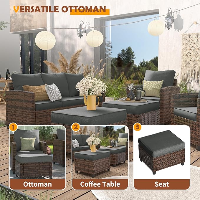 UDPATIO Patio Conversation Set, 5 Pieces Outdoor Furniture Set, All-Weather Wicker Rattan High Back Outdoor Sectional Sofa Set with Ottoman for Poolside, Backyard, Brown Wicker Dark Grey Cushions