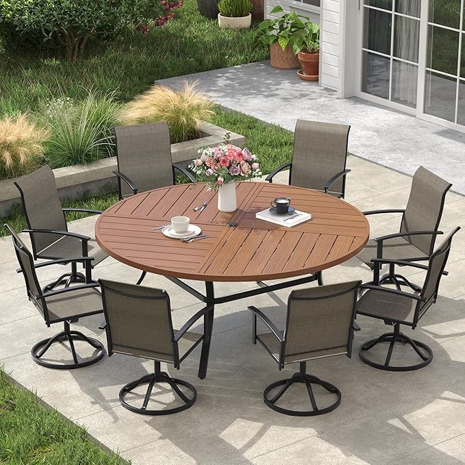 VICLLAX Outdoor Table and Chairs Set for 8, Patio Dining Set of 60 Metal Round Patio Table with Umbrella Hole & 9 Swivel Outdoor Dining Chairs for Backyard Lawn, Mixed Brown & Walnut