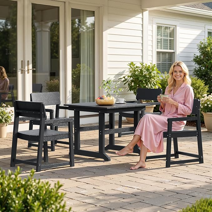 Shintenchi 5 Pieces Outdoor Dining Set,HDPE Outdoor Table and Chairs Set for 4,All Weather Patio Furniture Sets,Modern Wooden Textured Dining Sets for Backyard,Garden,Black
