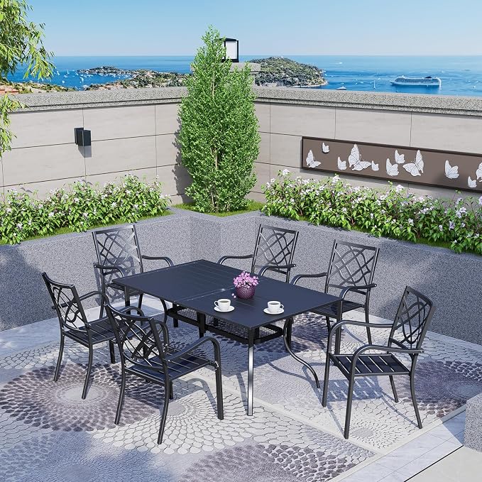 7 Pieces Patio Metal Furniture Outdoor Dining Set with 6 Stackable Bistro Chairs, and 60'' x 37'' Rectangle Table with Umbrella Hole (Black)