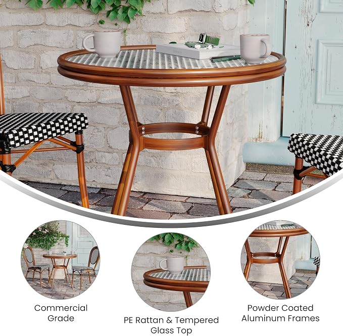 BizChair Indoor/Outdoor Commercial Bistro 31.5" Table, Black and White PE Rattan, Glass Top, Bamboo Print Aluminum Frame in Natural