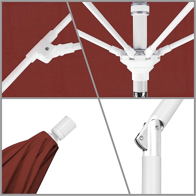 California Umbrella 9' Round Crank Lift, Collar Tilt, Aluminum Pole, Fiberglass Rib Patio Umbrella, White Finish, Sunbrella Henna