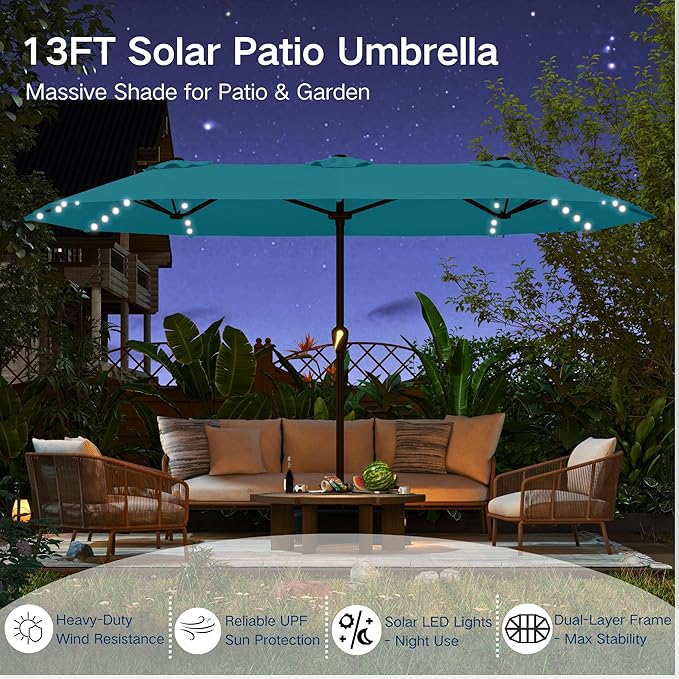 Large Patio Umbrella with Solar Lights and Base, Double-Sided Outdoor Rectangle Umbrella with 48 LED Lights, Market Table Umbrellas with UV Resistant Canopy
