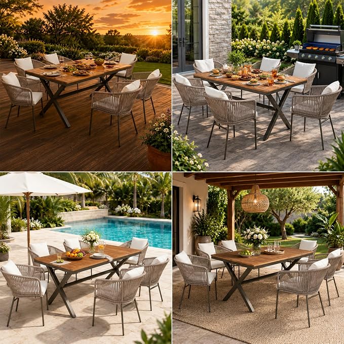 7PCS Outdoor Dining Set, Patio Table and Chairs Set for 6, Rope Weaving Patio Chairs with Thickened Cushions & Rectangular Dining Table with Metal Frame and Acacia Wood Tabletop, Beige