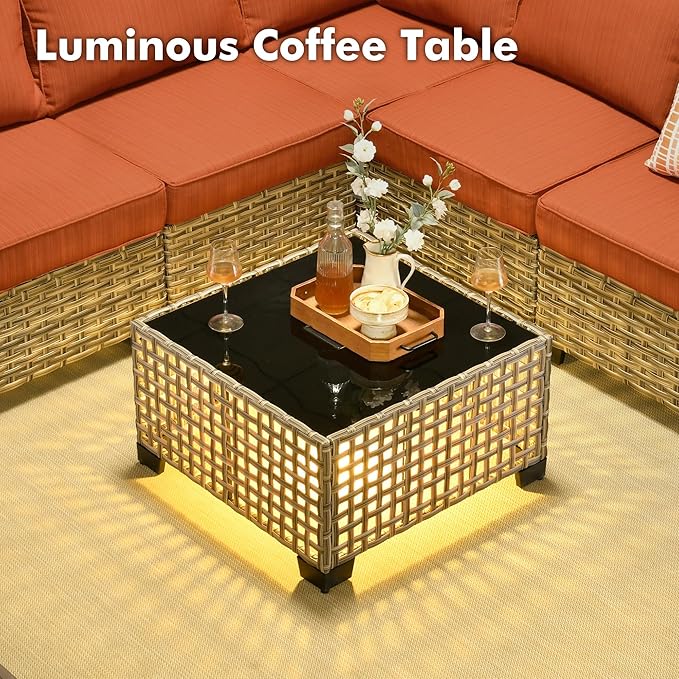 WEAXTY 6 Pieces Patio Furniture Set, Outdoor Sectional Sofa Couch with Solar Coffee Table, All-Weather Outside Furniture Patio Conversation Sets for Backyard Porch Balcony (Orange)