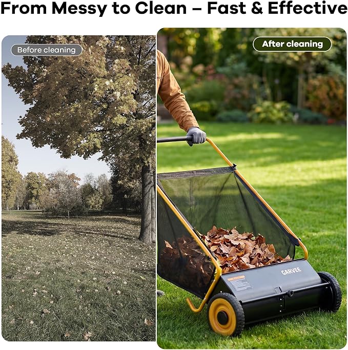 Garvee Push Lawn Sweeper, 26 in Leaf & Grass Collector with 7 Cu. ft. Hopper Bag, 4 Spinning PP Brushes, Durable Steel Construction, Adjustable Height & Rubber Tires for Leaves Grass Cleanup