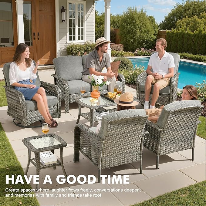 Weaxty 7 Pieces Patio Furniture Set,Wicker Outdoor Swivel Rocking Chairs,Rattan Loveseat Couch,Coffee Table,Patio Sofa Conversation Sets for Deck Backyard Porch Poolside, Dark Gray