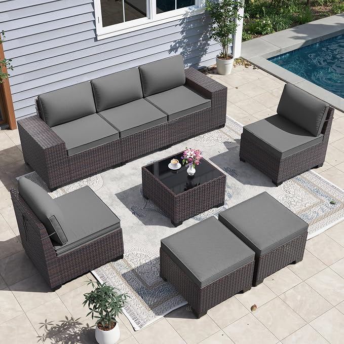 8 PCS Outdoor Patio Furniture Set,Outdoor Sectional Furniture All Weather PE Rattan Wicker Patio Conversation Set with 2 Ottomans and Coffee Table,Grey